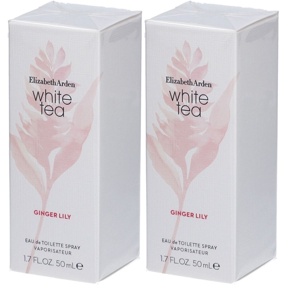Twee witte dozen met opdruk. Opschrift: Elizabeth Arden White Tea Ginger Lily Eau de Toilette Spray. 1,7 FL.OZ. 50 ml.