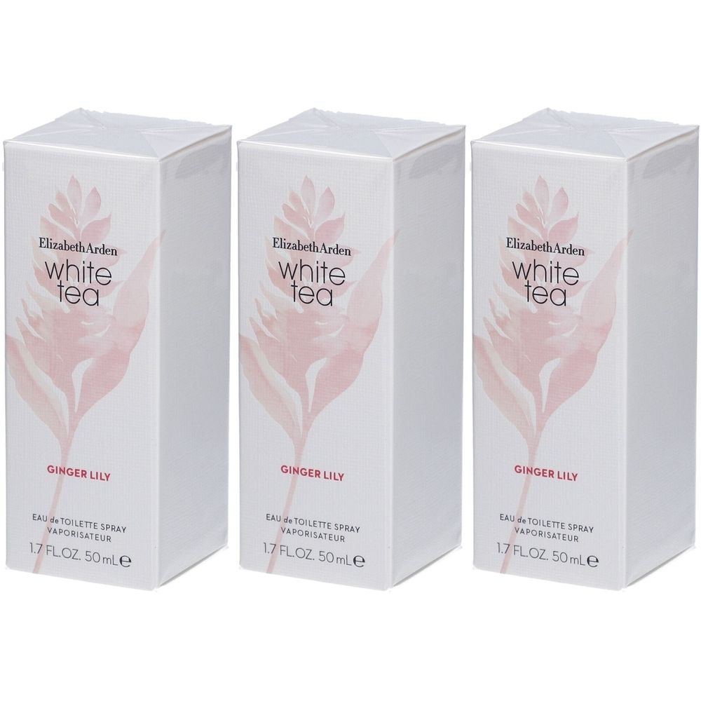 Trois boîtes blanches avec motif floral rose. Inscription: Elizabeth Arden White Tea Ginger Lily Eau de Toilette Spray.