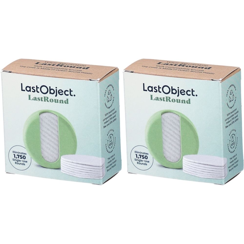 Deux boîtes de LastObject LastRound. Contiennent des tampons démaquillants réutilisables. Inscription: Élimine 1 750 tampons à usage unique. Vert et blanc.