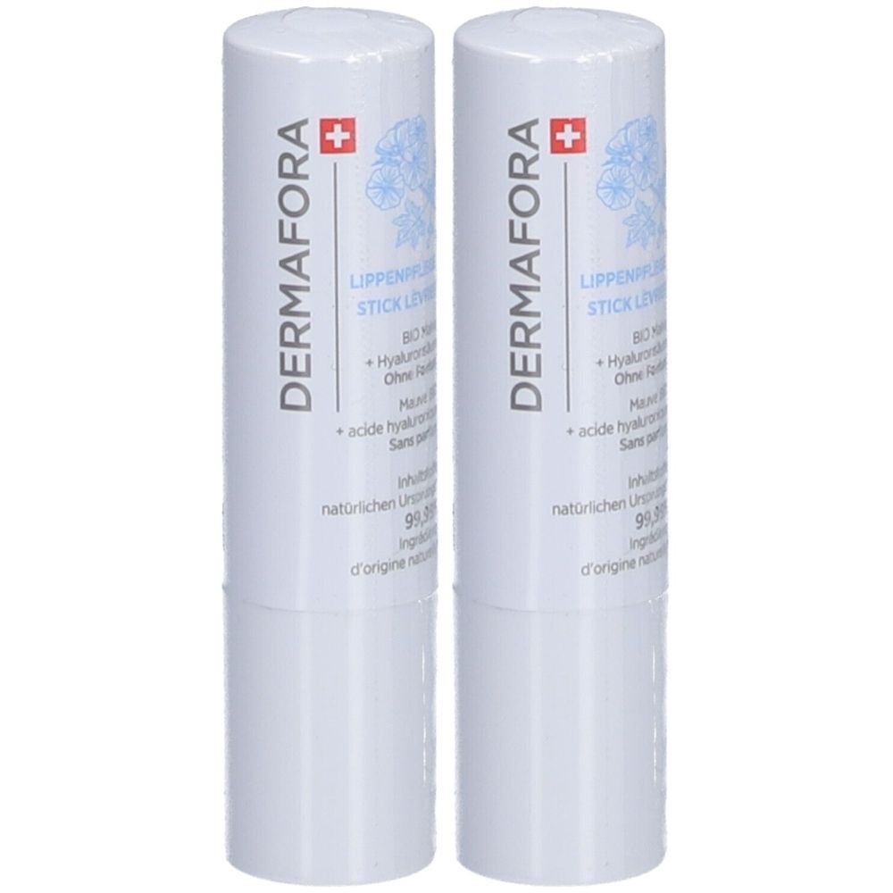 Twee witte lippenstiften met de tekst DERMAFORA en Zwitsers kruis. Tekst: Lippenstift, hyaluronzuur.