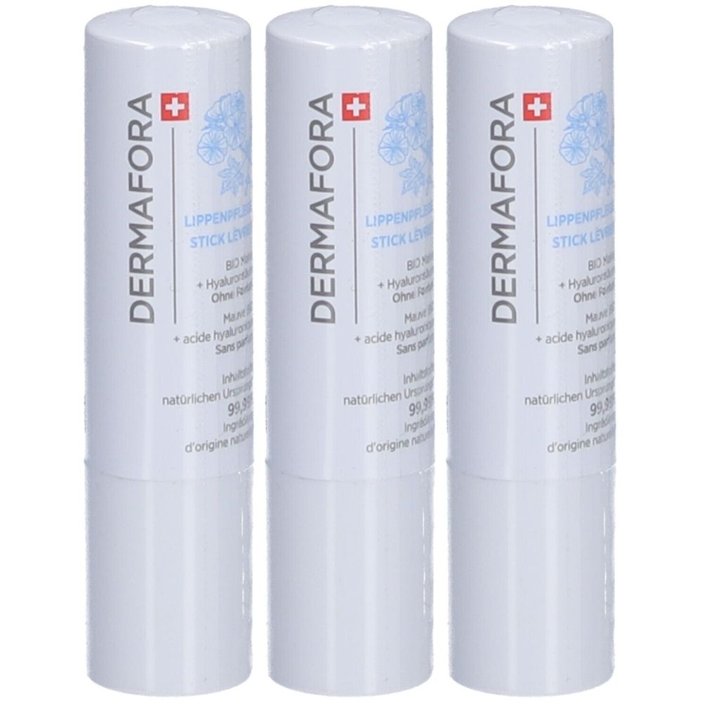 Drie witte lippenstiften met de tekst DERMAFORA, Zwitsers kruis en productinformatie. Cilindrische vorm.