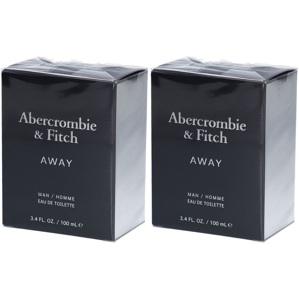 Twee zwarte rechthoekige dozen. Op de voorkant staat in het wit "Abercrombie & Fitch AWAY". Daaronder staat "MAN / HOMME EAU DE TOILETTE".