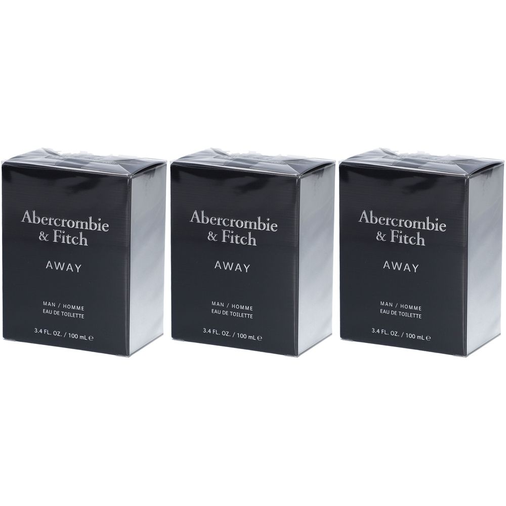 Drie dozen Abercrombie & Fitch Away Eau de Toilette voor heren. Zwarte verpakking met witte tekst. Opschrift: MAN / HOMME. Eau de toilette.