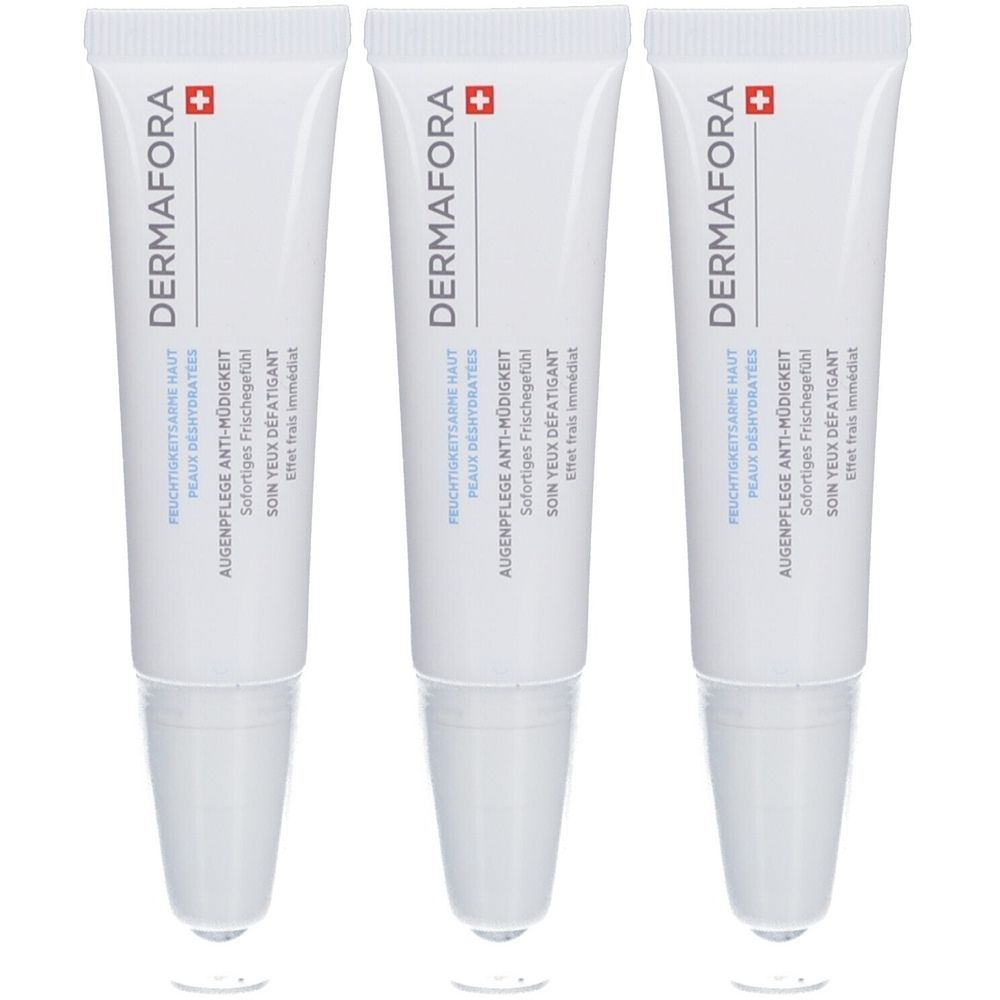 Drie tubes oogcontourgel. Wit, blauwe tekst, rood kruis. Productnaam: Dermafora.