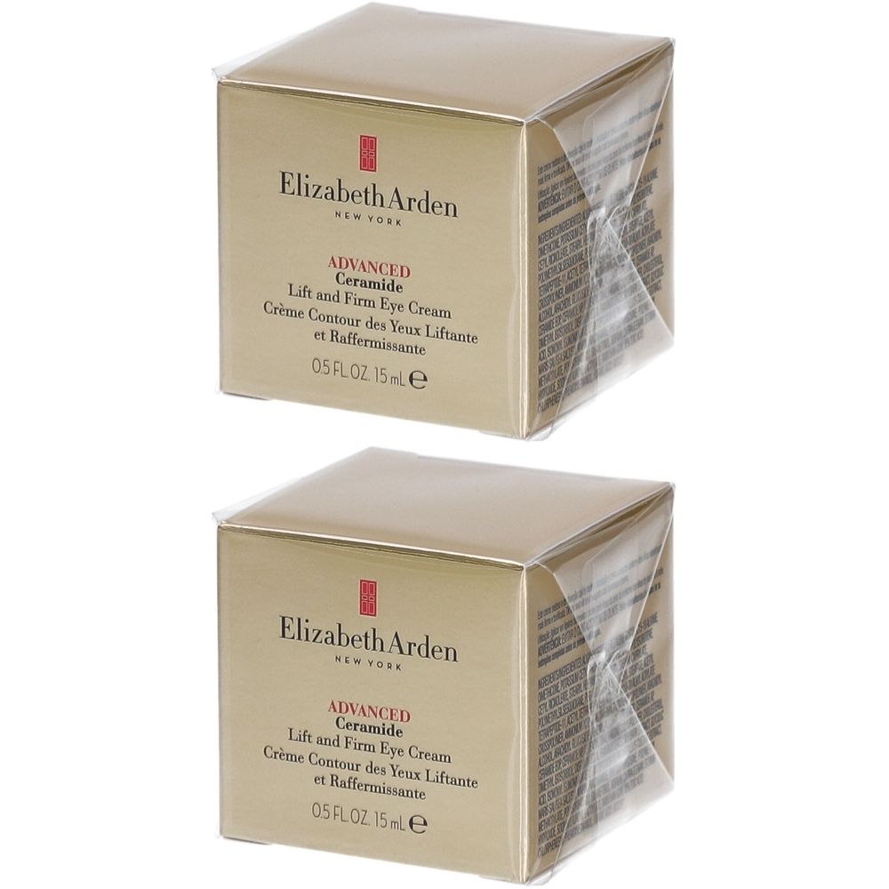 Twee vierkante dozen met productinformatie. Opschrift: Elizabeth Arden Advanced Ceramide Lift and Firm Eye Cream.