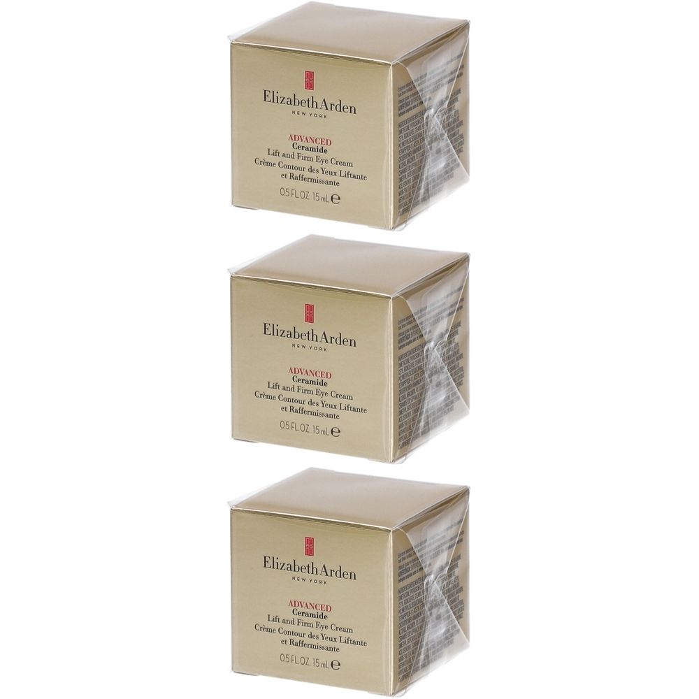 Drie vierkante dozen met productinformatie. Opschrift: Elizabeth Arden, Advanced Ceramide Lift and Firm Eye Cream.