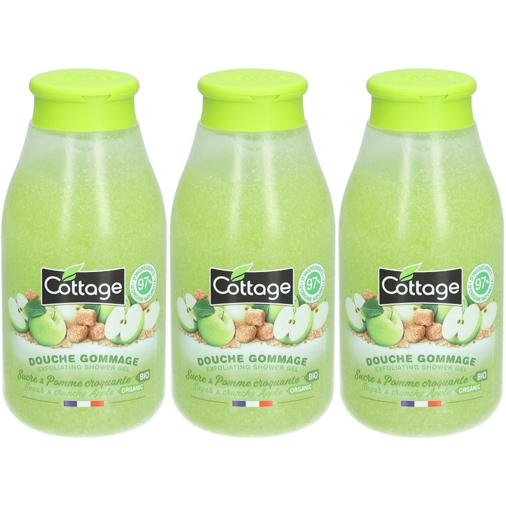 Trois flacons de gommage douche, contenu vert, bouchon vert clair. Inscription: Cottage, illustration de pomme, Douche Gommage.