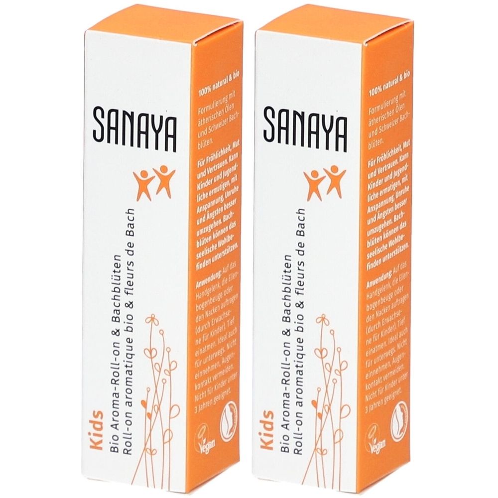 Deux boîtes rectangulaires. Inscription SANAYA, Kids, Bio Aroma-Roll-on & Bachblüten. Emballage orange et blanc.