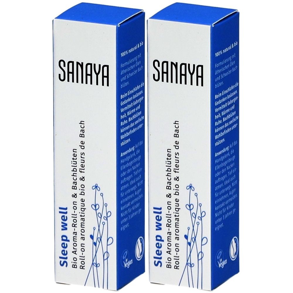 Twee blauwe dozen met witte tekst. Opschrift: SANAYA, Sleep well, Bio Aroma-Roll-on & Bachblüten. Vegan-zegel.