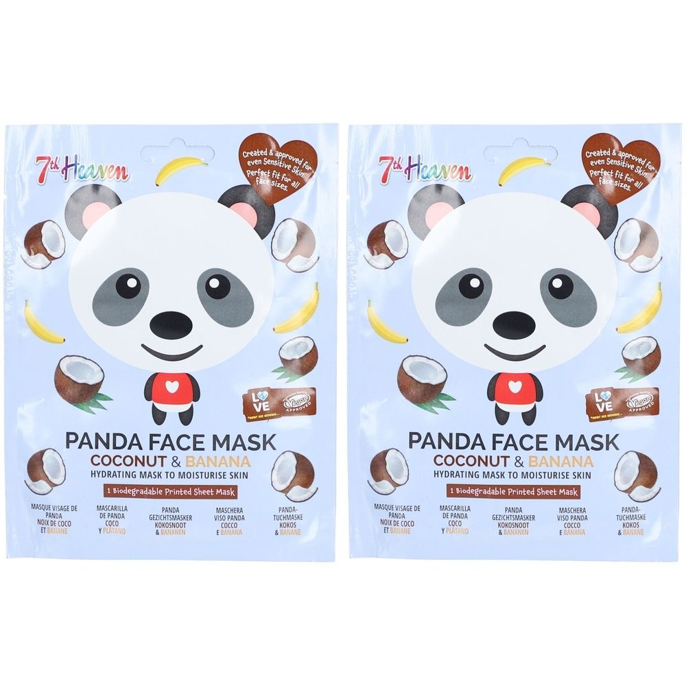 Twee gezichtsmaskers met panda-ontwerp. Opschrift: Panda Face Mask Coconut & Banana. Merk: 7th Heaven. Verpakking met illustraties van kokosnoot en banaan.