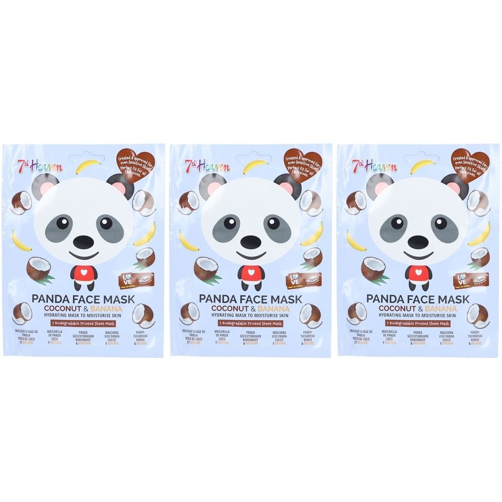 Drie gezichtsmaskers met een panda-ontwerp. Op elke verpakking staat "Panda Face Mask Coconut & Banana".