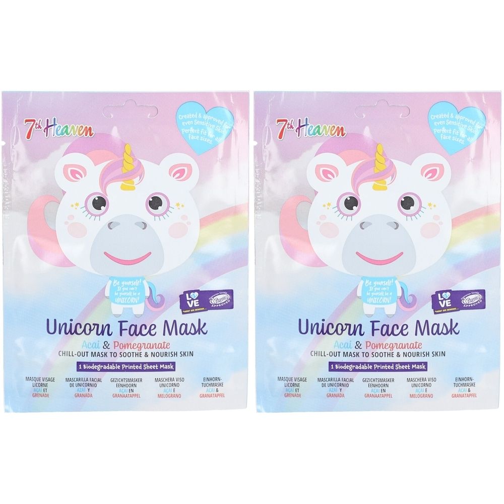 Twee gezichtsmaskers met eenhoornmotief. Opschrift: 7th Heaven, Unicorn Face Mask. Bevat granaatappel. Verpakking met eenhoornillustratie.