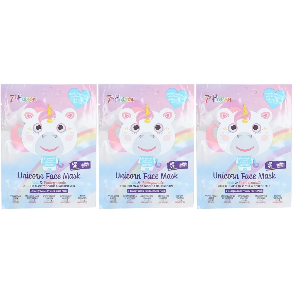 Drie verpakkingen gezichtsmaskers met eenhoornontwerp. Opschrift: Unicorn Face Mask. Merk: 7th Heaven. Verpakking met regenboog en hart.