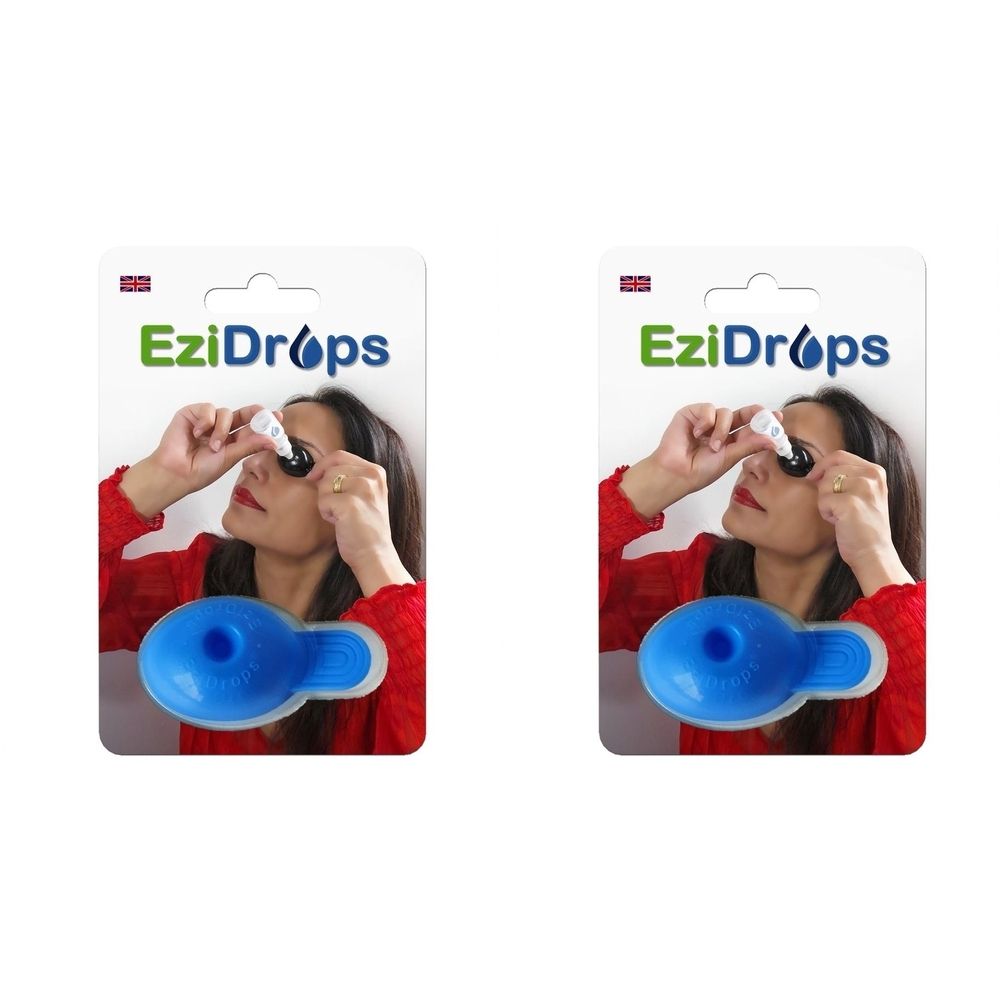 Deux emballages EziDrops. Chaque emballage montre une femme appliquant des gouttes pour les yeux et un outil bleu.