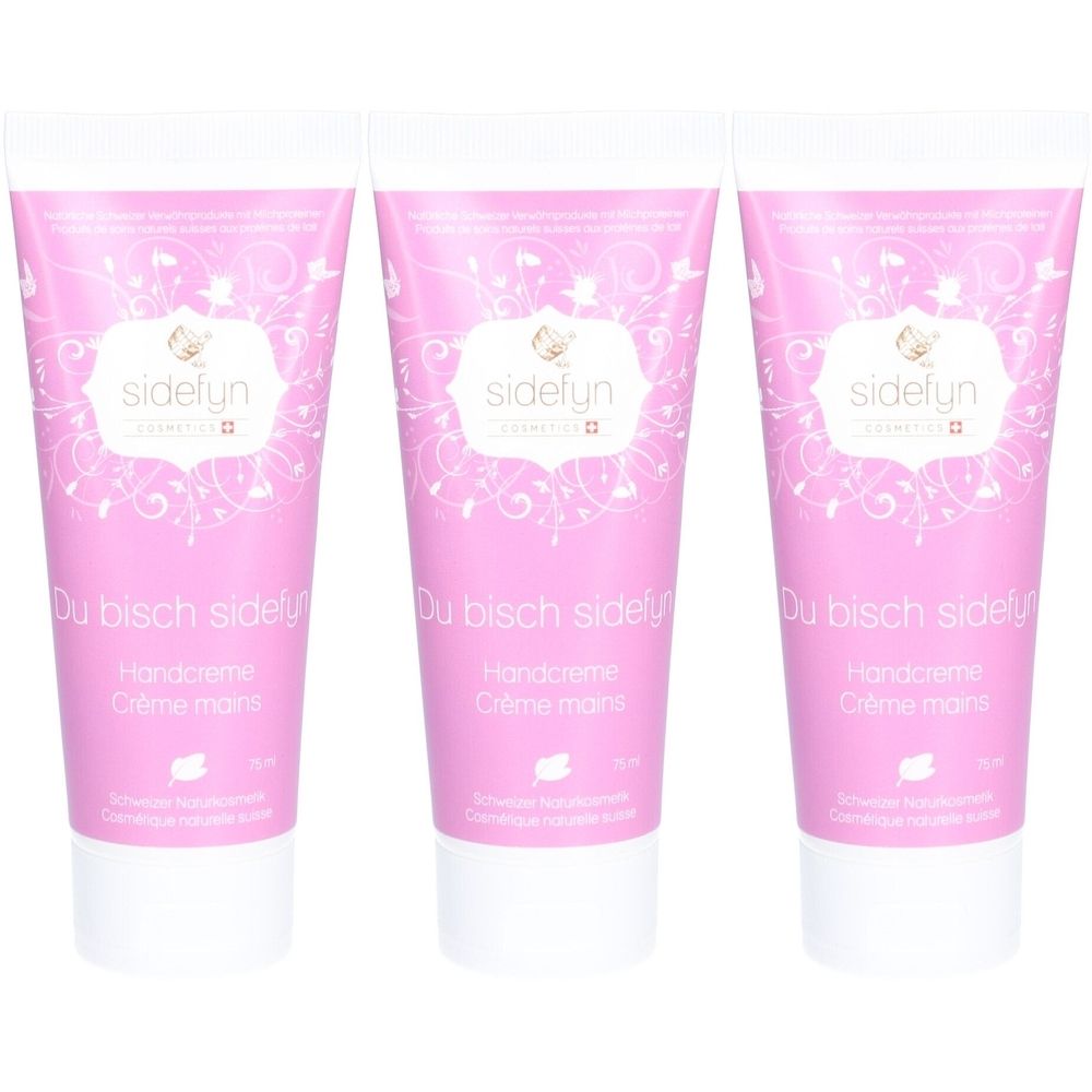 Drie tubes handcrème. Roze tubes met witte tekst en logo. Opschrift: sidefun, Handcreme, Crème mains.