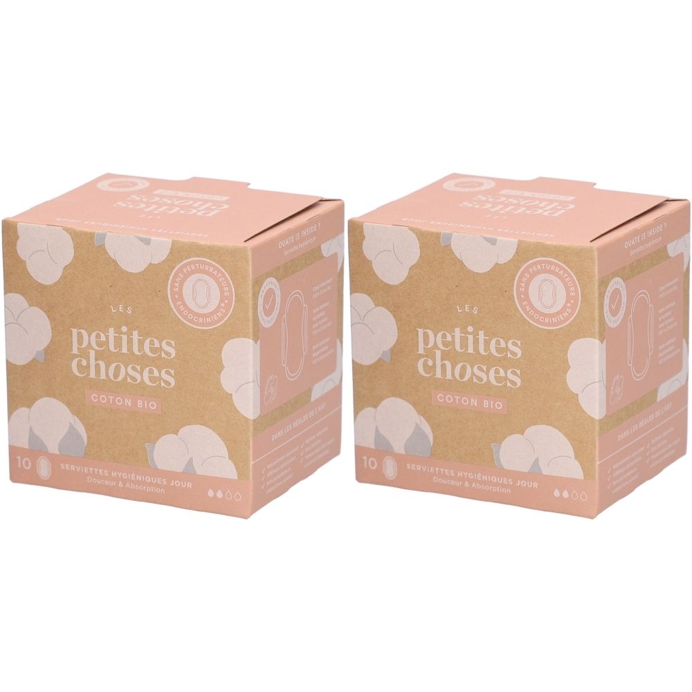 Deux boîtes carrées. Inscription: LES PETITES CHOSES, COTON BIO, 10 pièces. Tons rose et beige.