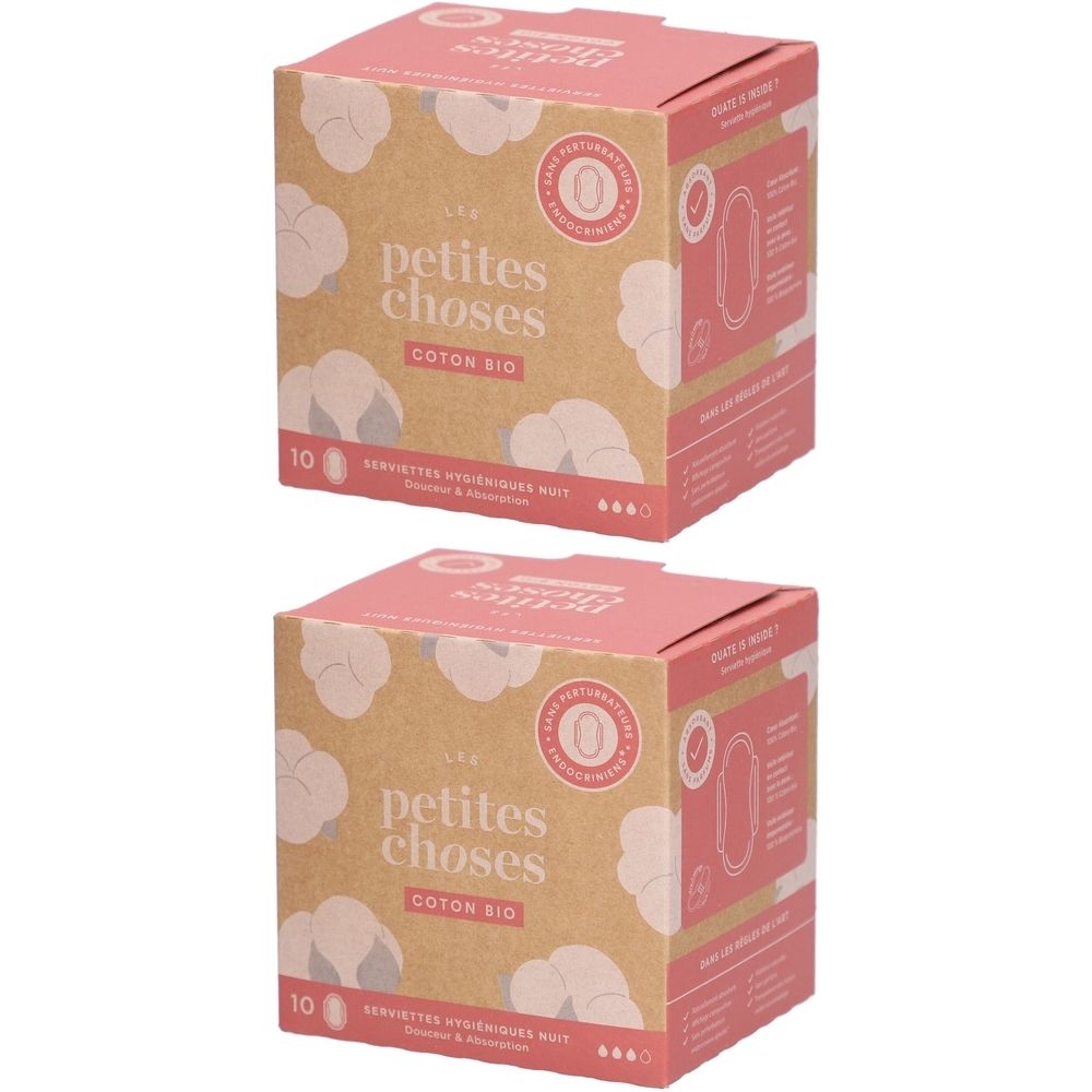 Twee vierkante dozen. Opschrift « petites choses », « coton bio », 10 stuks. Roze en beige verpakking met productillustratie.