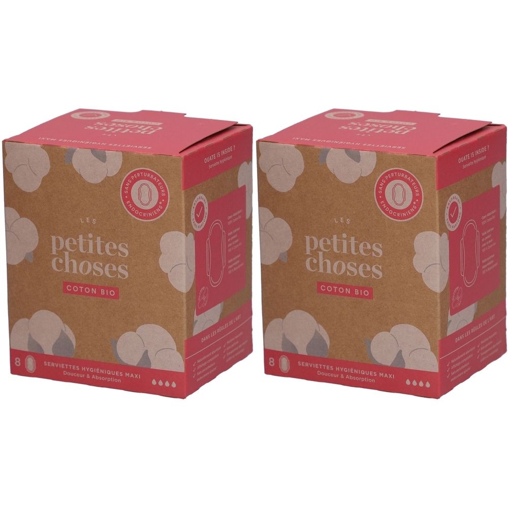 Twee dozen damesverband van biologisch katoen. Opschrift: LES PETITES CHOSES, COTON BIO. Roze deksels, bruine zijkanten met katoen illustraties.
