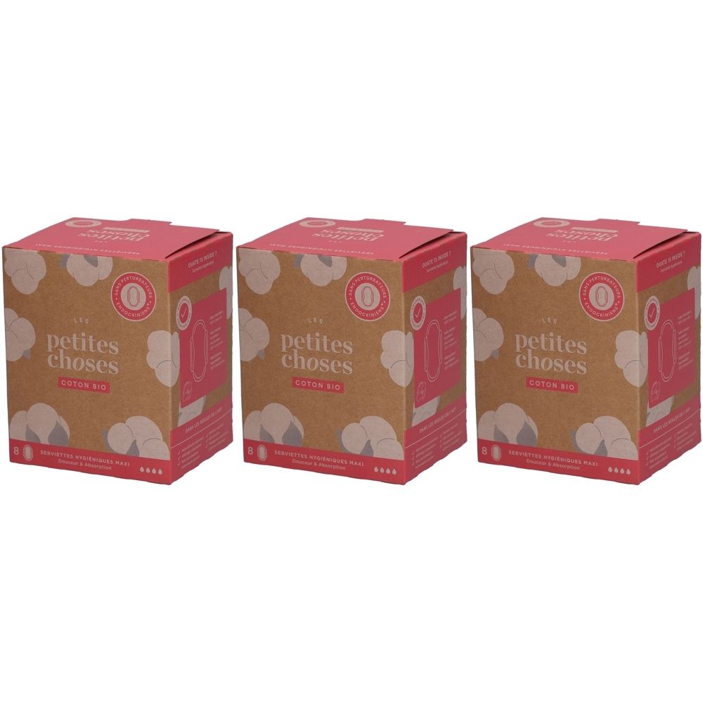 Drie dozen damesverband van biologisch katoen. Opschrift: « les petites choses coton bio ». Roze deksels, bruine zijkanten.