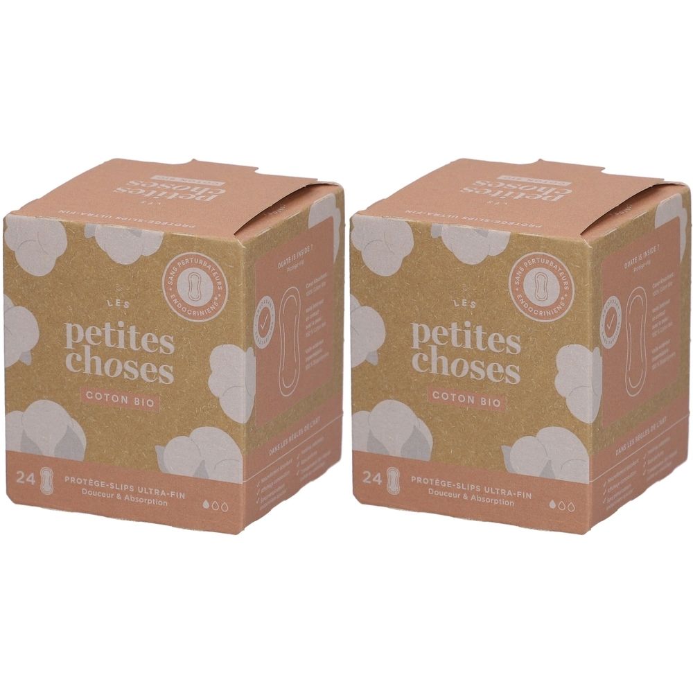 Twee dozen inlegkruisjes. Opschrift: petites choses, Coton Bio. 24 stuks per verpakking.