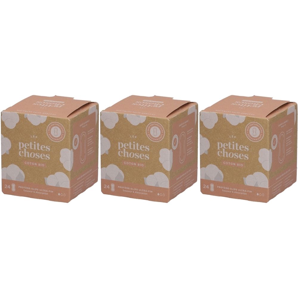Drie dozen inlegkruisjes. Opschrift: petites choses, biologisch katoen. 24 stuks per verpakking.