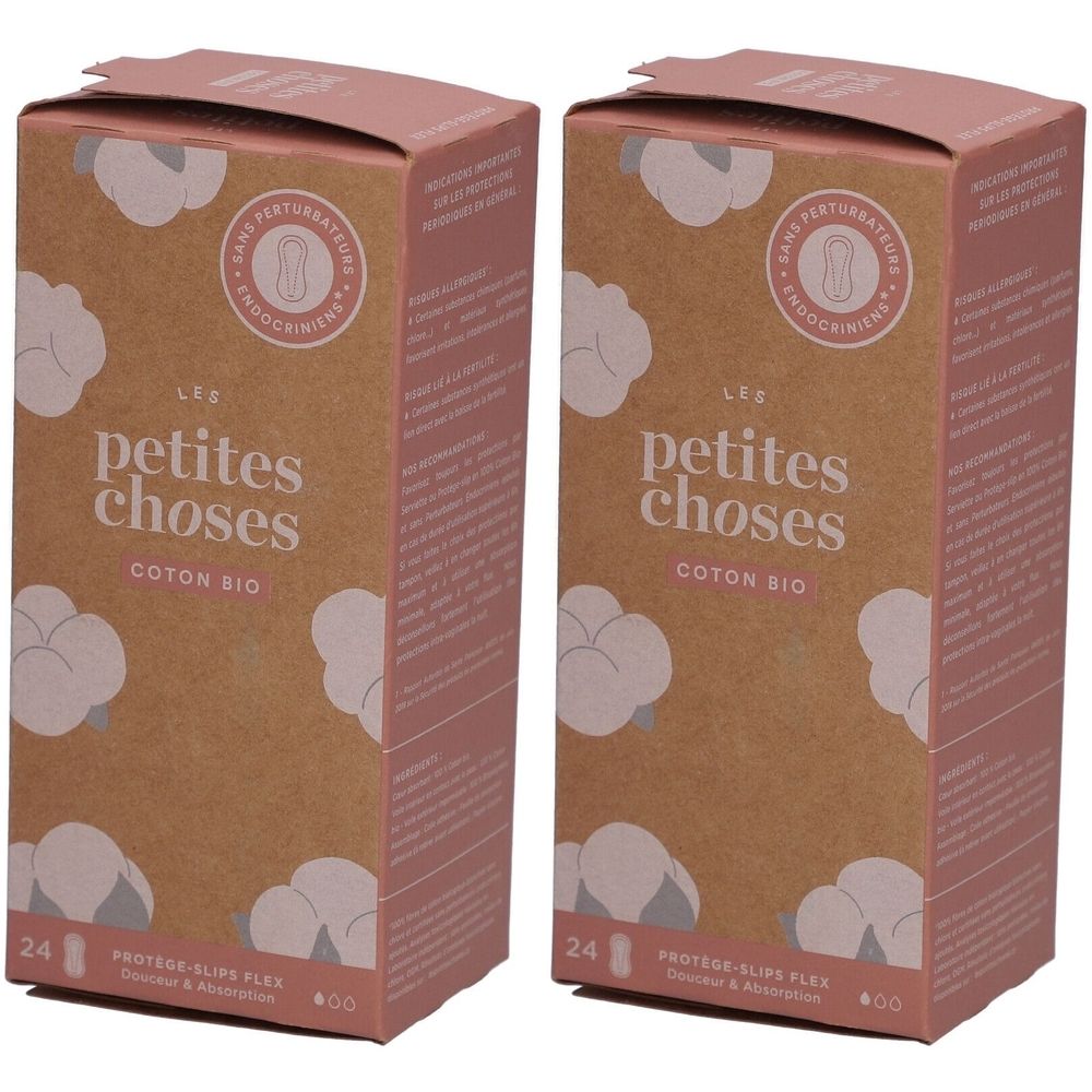 Deux boîtes de protège-slips. Inscription : "LES petites choses COTON BIO". Emballage rose-brun avec illustrations de coton. Contient 24 unités.
