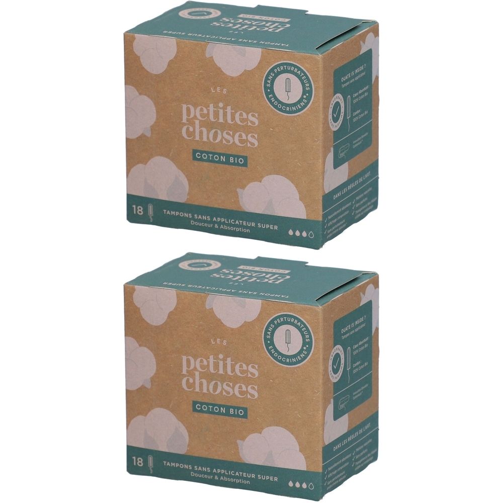 Twee dozen tampons. Opschrift: petites choses, Coton Bio, 18 stuks, zonder applicator, Super.