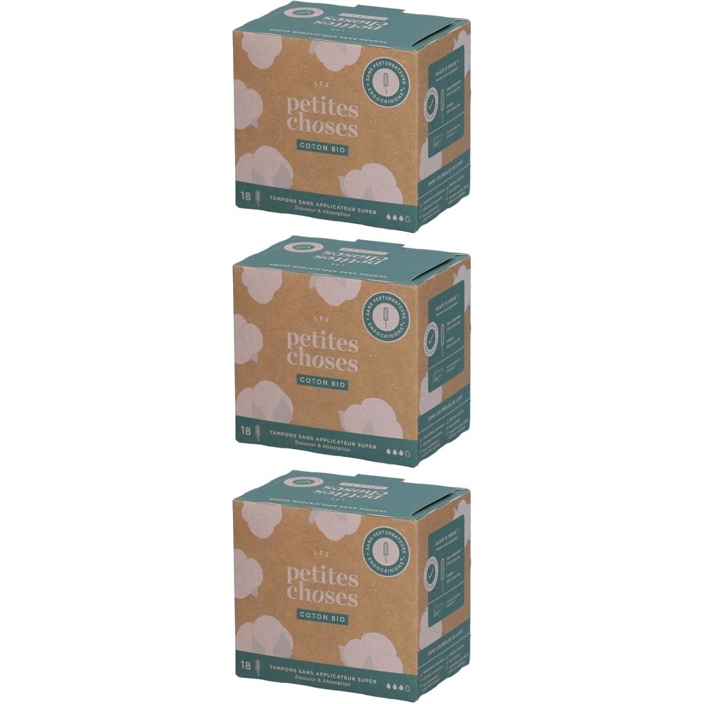 Drie vierkante dozen. Opschrift: LES PETITES CHOSES, Cotton Aid. Groen-bruine verpakking met witte wolken. 16 stuks.