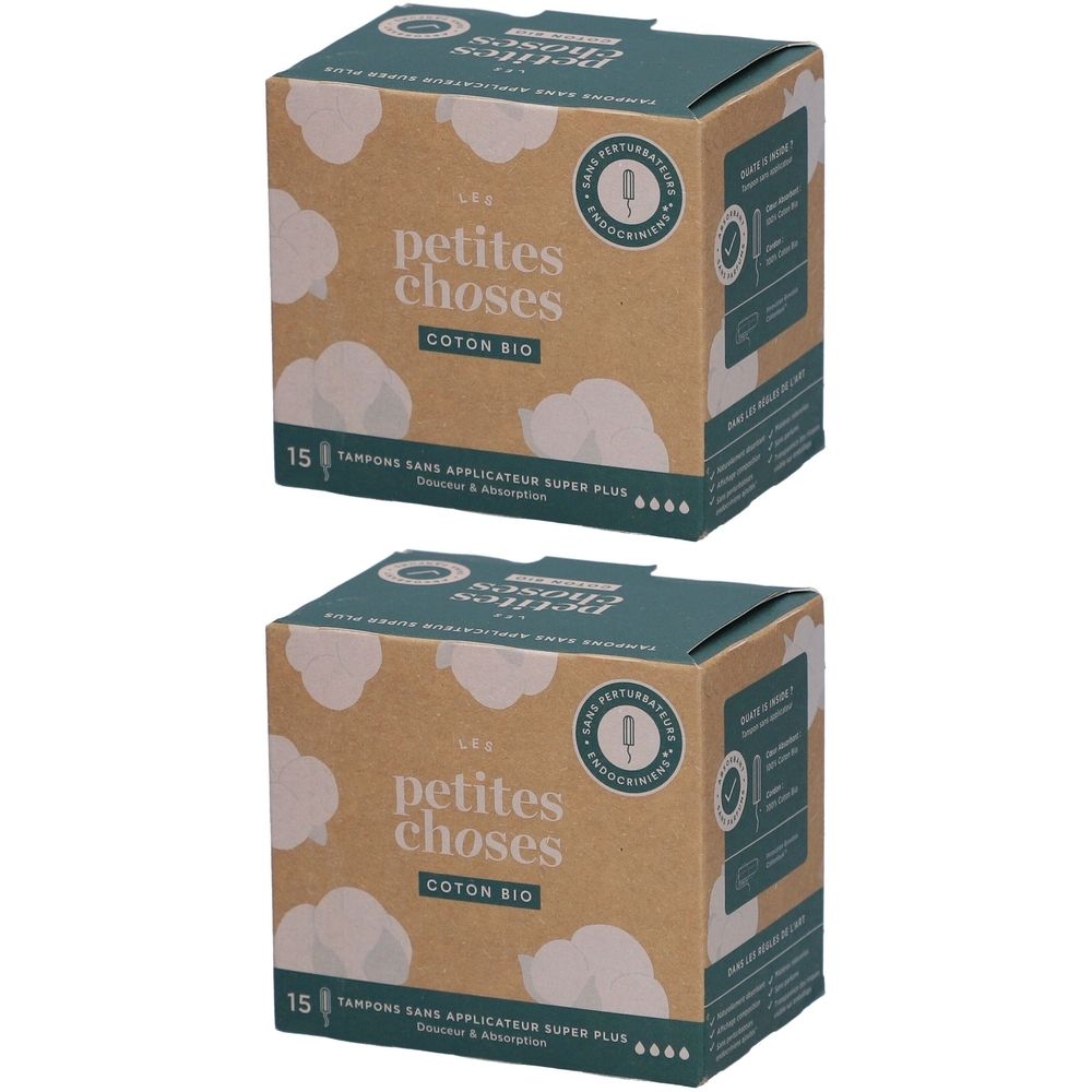 Twee dozen tampons. Opschrift: LES PETITES CHOSES, Coton Bio, 15 stuks, zonder applicator, Super Plus.