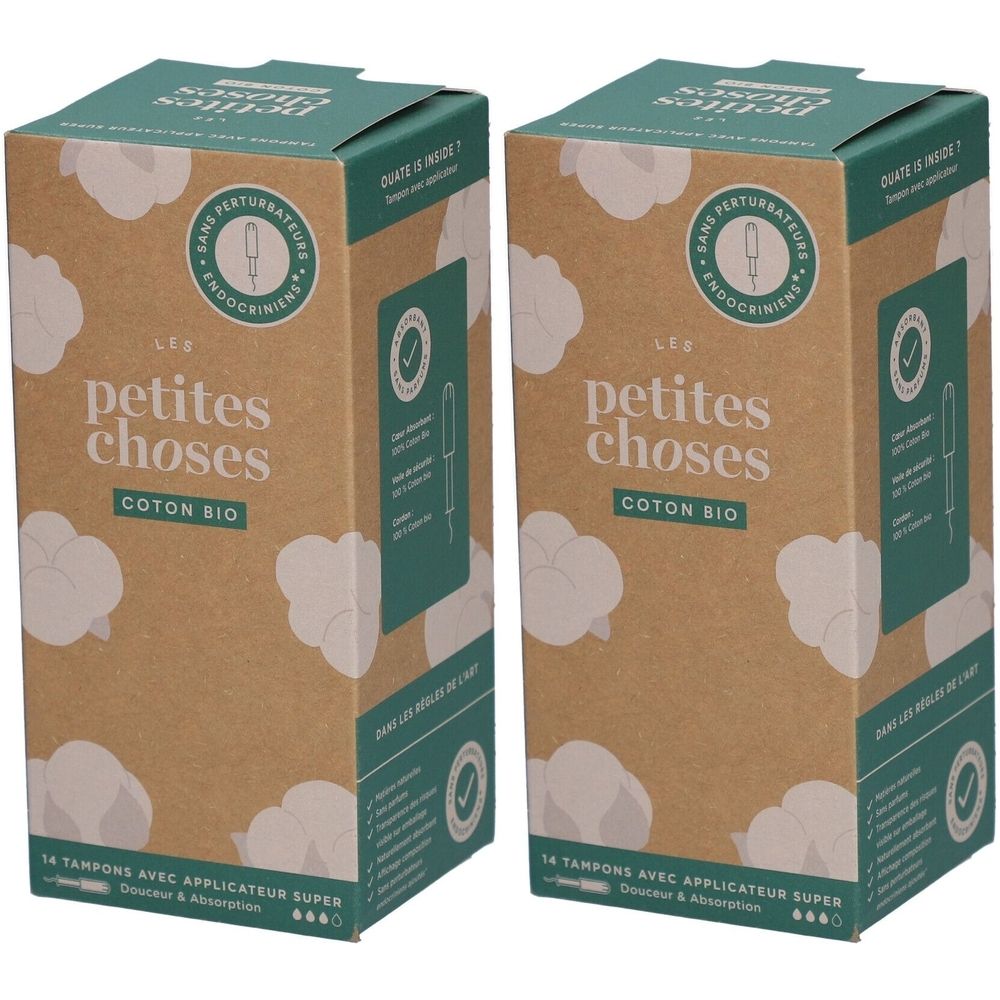 Deux boîtes de tampons. Inscription: LES PETITES CHOSES, COTON BIO. Avec applicateur. Emballage vert et marron.