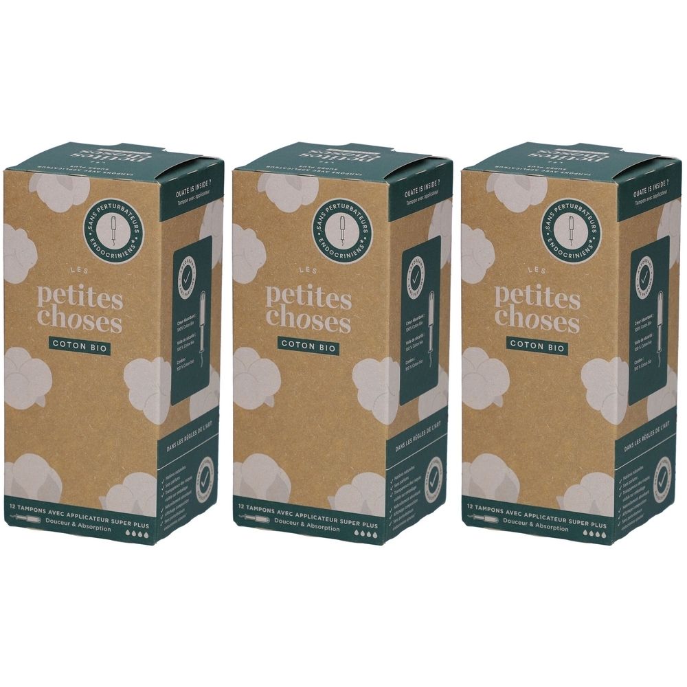 Drie dozen tampons. Opschrift: petites choses, Coton Bio. Verpakking met wolkenpatroon en groene accenten.