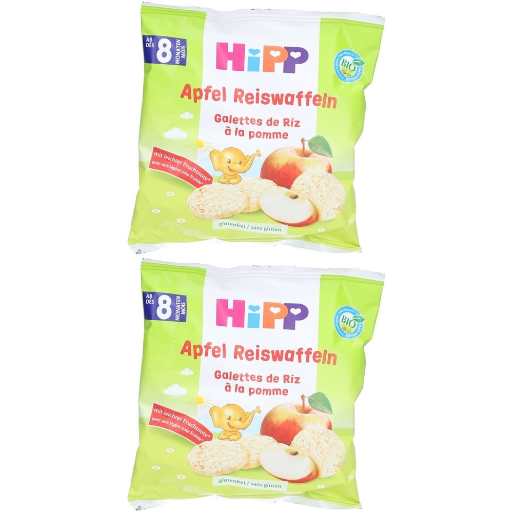 Twee pakken Hipp rijstwafels met appel, glutenvrij, vanaf 8 maanden.