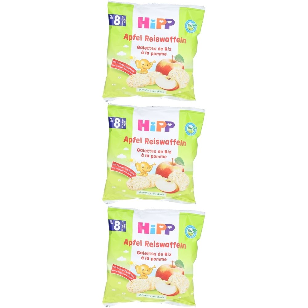 Drie pakken Hipp rijstwafels met appel, met afbeelding van stukjes appel en een olifant.