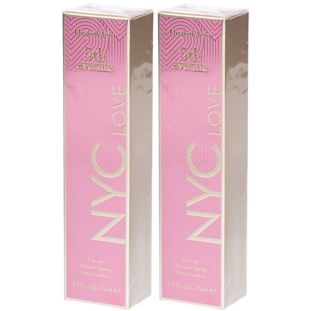 Deux boîtes roses rectangulaires. Inscription : Elizabeth Arden 5th Avenue NYC Love Eau de Parfum Spray. 2.5 FL. OZ. 75ml.