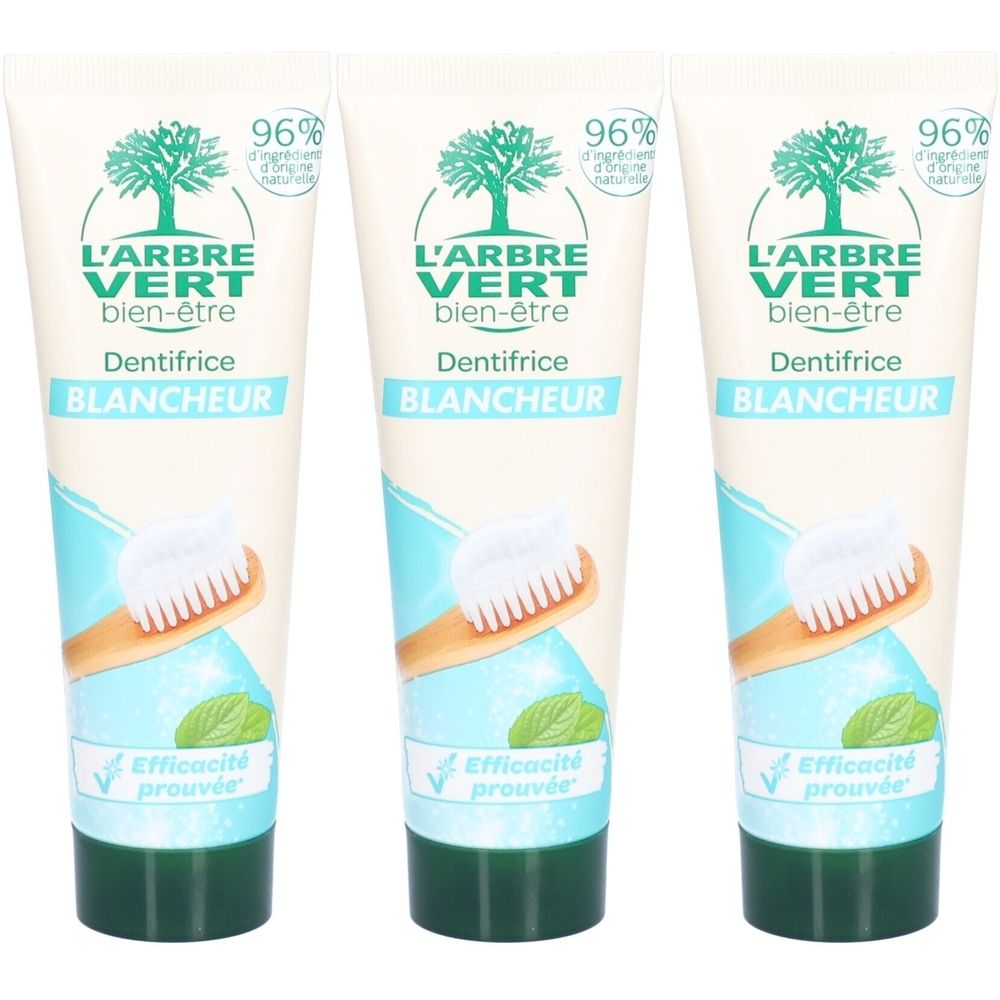 Drie tubes tandpasta L'ARBRE VERT Blancheur. Illustratie van tandenborstel en muntblad. 96% ingrediënten van natuurlijke oorsprong.