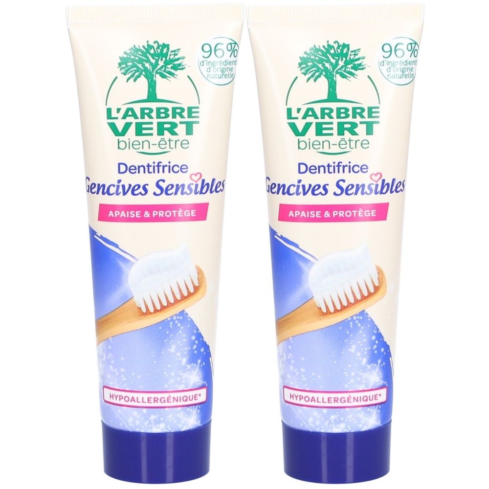 Deux tubes de dentifrice. Inscription: L'ARBRE VERT, Dentifrice Gencives Sensibles, Hypoallergénique.