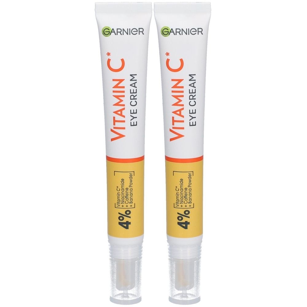 Deux tubes de crème contour des yeux Garnier Vitamine C avec 4% Vitamine C, Niacinamide, Caféine et Poudre de Banane.