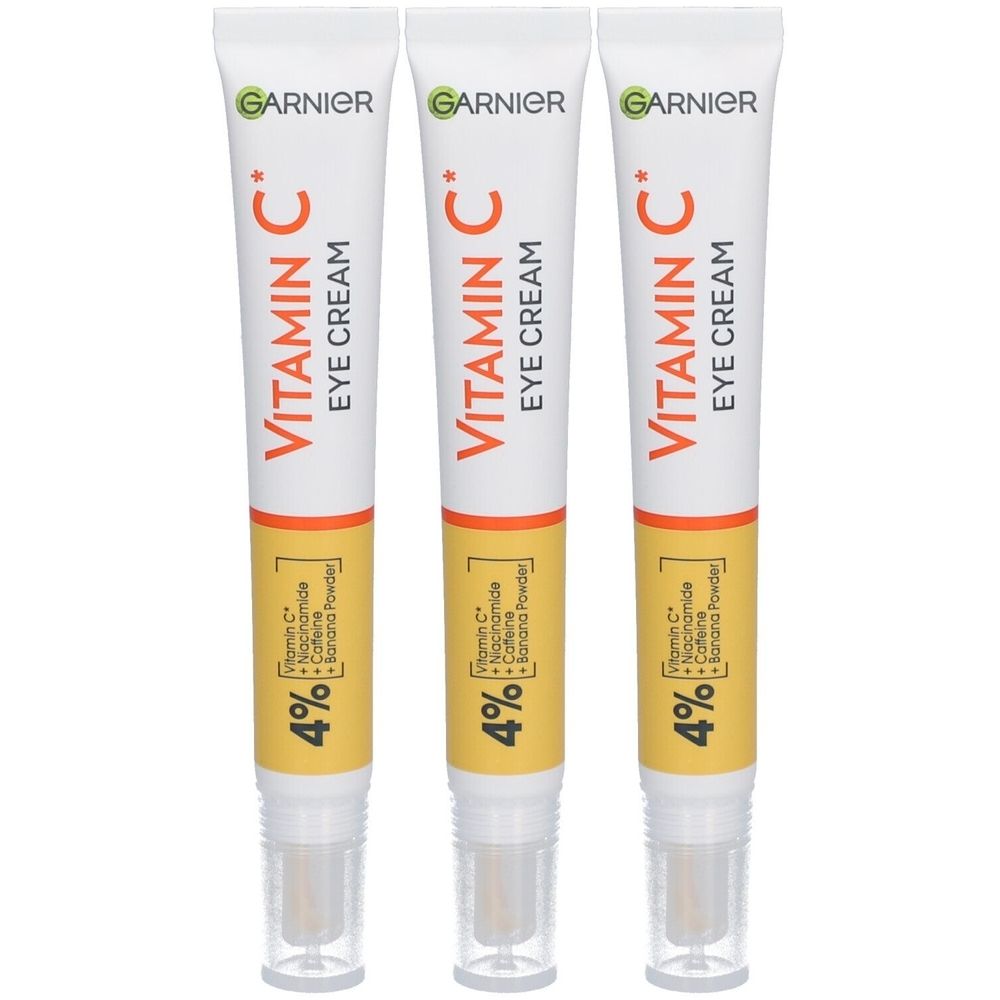 Trois tubes de crème contour des yeux Garnier Vitamine C. Contient 4% de Vitamine C, Niacinamide, Caféine et Poudre de Banane.