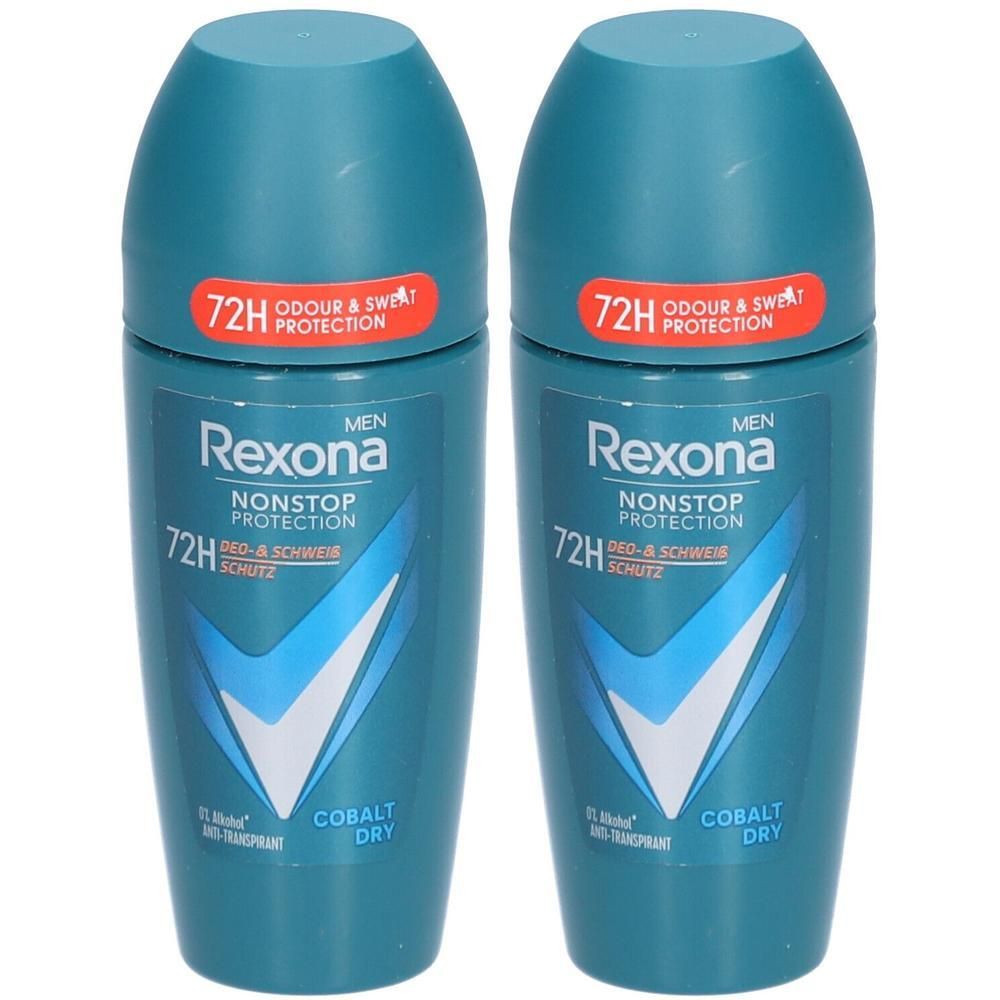 Twee blauwe roll-on deodorants. Opschrift: Rexona Men, Cobalt Dry, 72H bescherming. Wit V-logo.