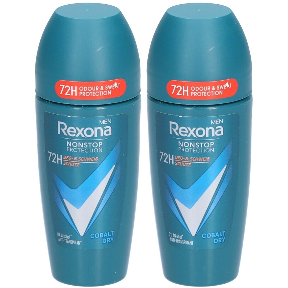 Deux déodorants roll-on bleus. Inscription: Rexona Men, Cobalt Dry, protection 72H. Logo V blanc.