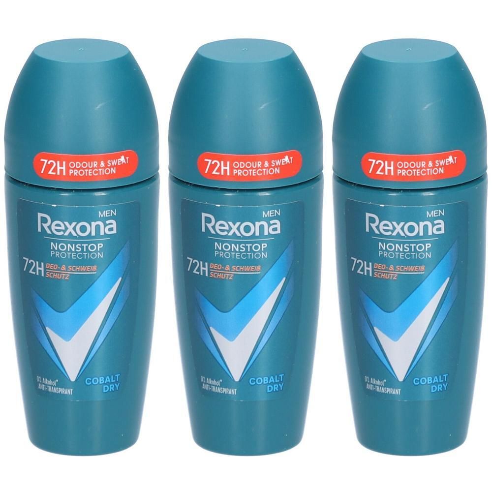 Drie blauwe roll-on deodorants. Opschrift: Rexona Men, Cobalt Dry, 72H bescherming. Wit logo met blauwe pijl.