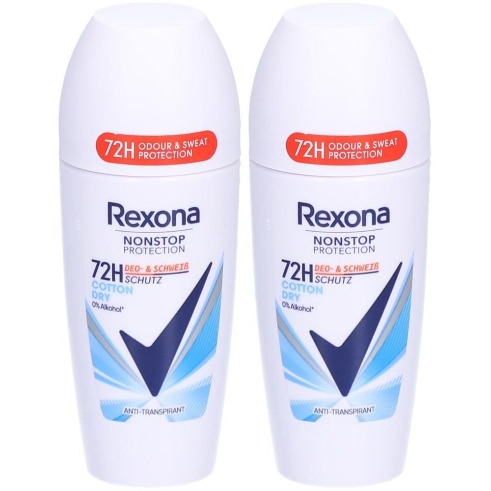 Twee witte roll-on deodorants. Rexona Nonstop Protection, 72u bescherming. Blauwe en rode accenten.