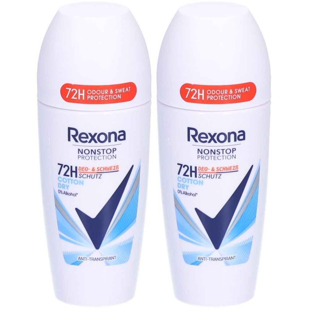 Twee witte roll-on deodorants. Rexona Nonstop Protection, 72u bescherming. Blauwe en rode accenten.