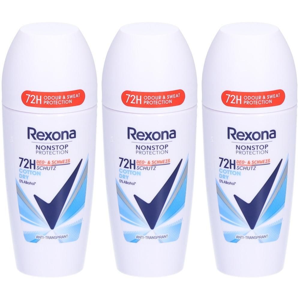 Drie witte Rexona antitranspirant roll-ons. Rode sticker met tekst. Blauwe en witte grafiek. Zwarte tekst.