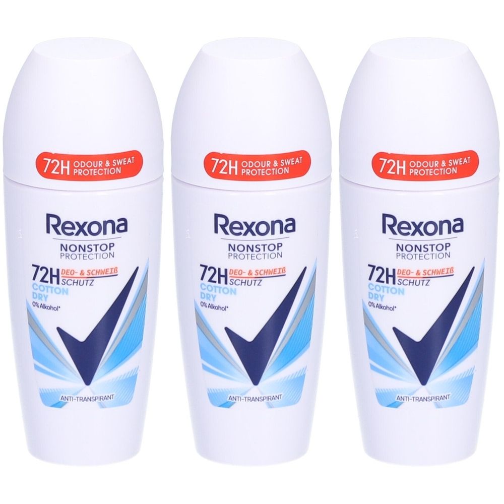 Drie witte Rexona antitranspirant roll-ons. Rode sticker met tekst. Blauwe en witte grafiek. Zwarte tekst.