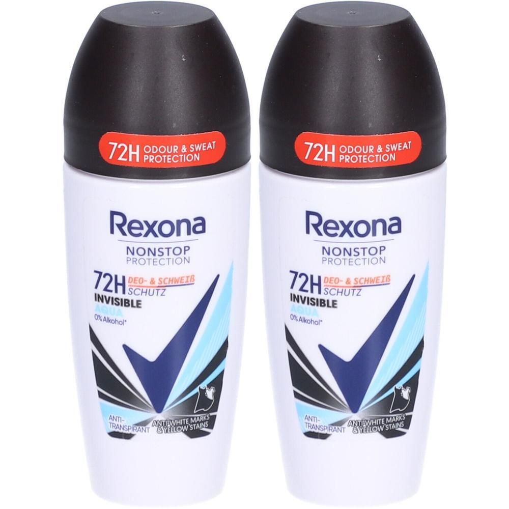 Twee roll-on deodorants. Witte flacons met zwarte dop. Blauwe en zwarte grafische elementen. Tekst: Rexona, Nonstop Protection, 72H.