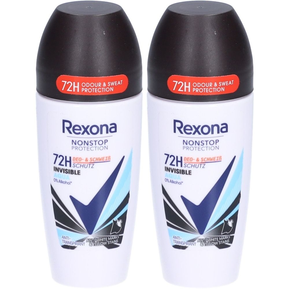 Twee roll-on deodorants. Witte flacons met zwarte dop. Blauwe en zwarte grafische elementen. Tekst: Rexona, Nonstop Protection, 72H.