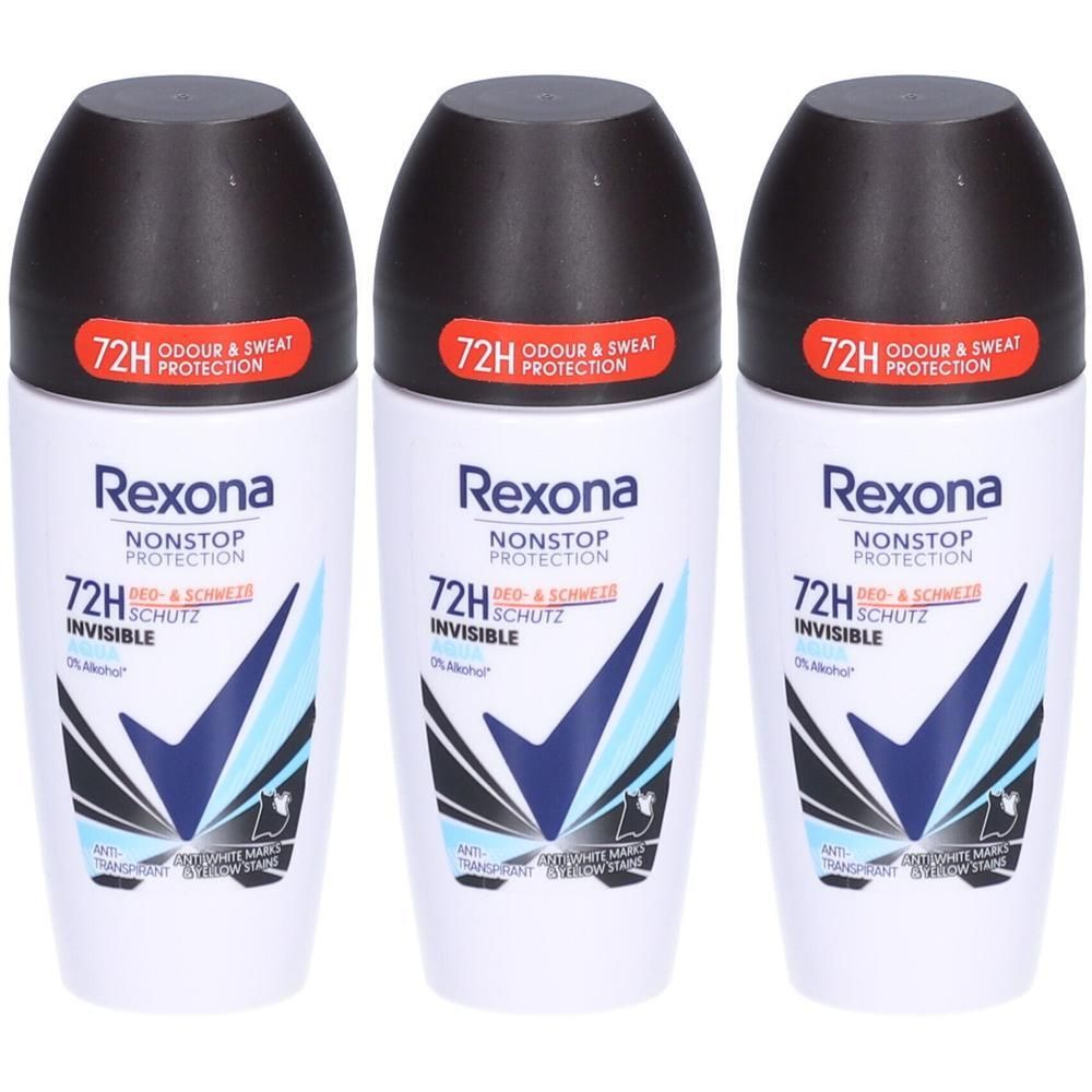 Drie roll-on deodorants. Witte flessen met zwarte dop. Blauwe en witte graphics. Tekst: Rexona, 72H bescherming.
