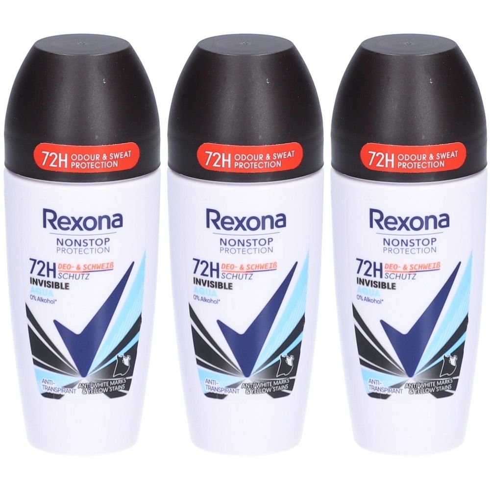 Drie roll-on deodorants. Witte flessen met zwarte dop. Blauwe en witte graphics. Tekst: Rexona, 72H bescherming.