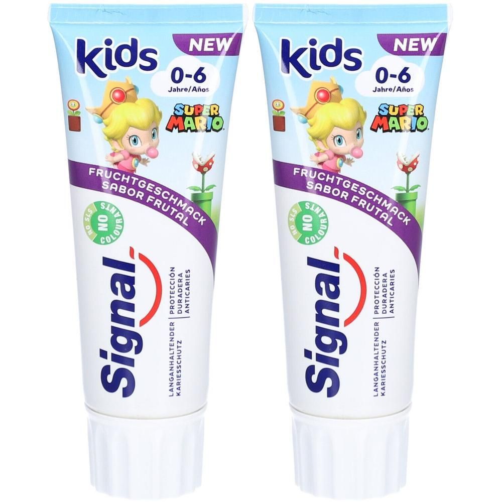 Deux tubes de dentifrice Signal Kids. Inscription: Super Mario, goût fruité, 0-6 ans. Emballage blanc et bleu.